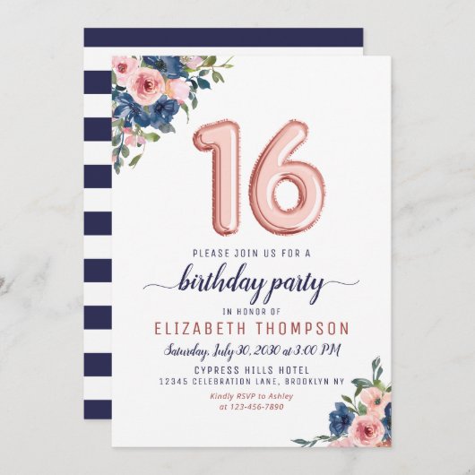 バラ金ゴールドバルーン16番目の誕生日フローラネイビー赤面 招待状 (正面/裏面)