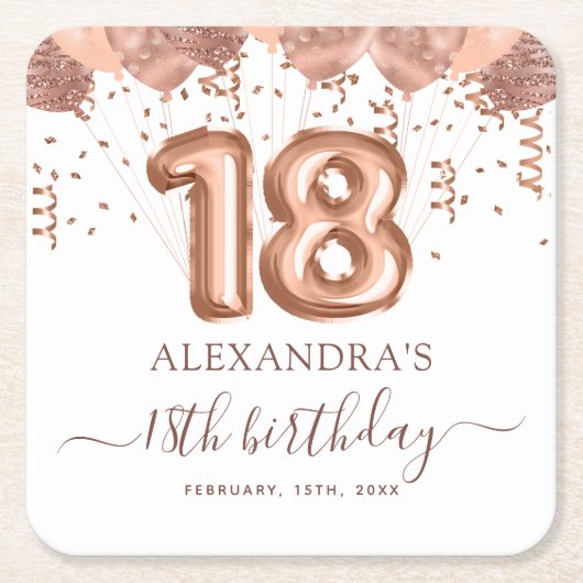 バラ金ゴールドバルーン18th誕生日パーティー スクエアペーパーコースター (正面)