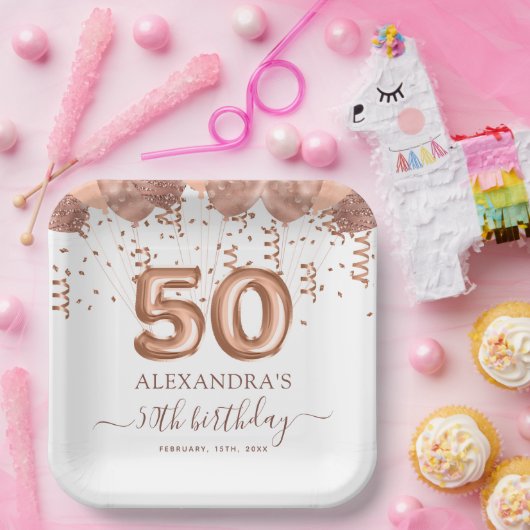 バラ金ゴールドバルーン50th誕生日パーティー ペーパープレート (パーティー)