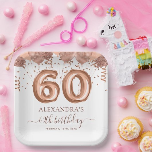 バラ金ゴールドバルーン60th誕生日パーティー ペーパープレート (パーティー)