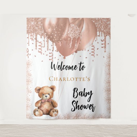 バラ金ゴールドバルーンteddy bear baby shower welcome タペストリー (正面)