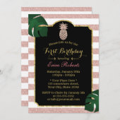 バラ金ゴールドパイナップルモダンストライプズ最初の誕生日 招待状 (正面/裏面)