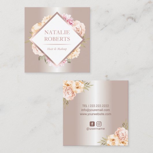 バラ金ゴールドパステルフローラメイクアーティストヘアサロン スクエア名刺 (正面/裏面)