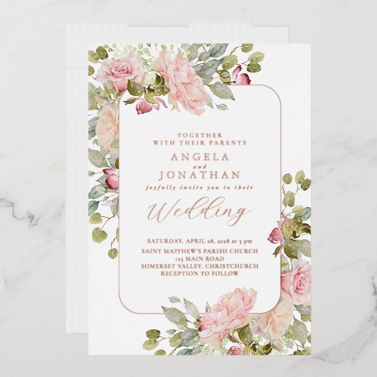 バラ金ゴールドパステル花模様結婚ズ 箔招待状 (封筒)