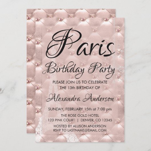 バラ金ゴールドパリ赤面ピンクバースデーパーティー 招待状 (正面/裏面)
