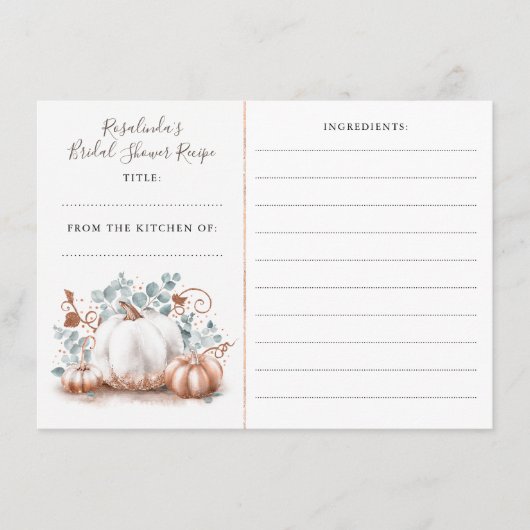 バラ金ゴールドパンプキン秋ブライダルシャワーレシピ エンクロージャーカード (正面)