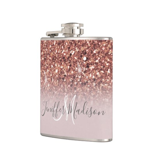 バラ金ゴールドパーソナライズされたグリッター名 フラスク (左)