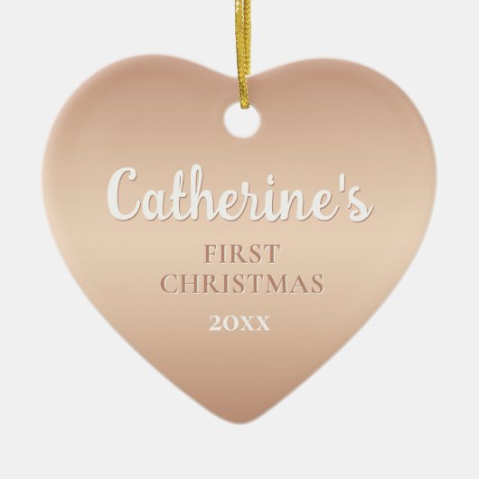 バラ金ゴールドパーソナライズされた初めてのクリスマスハート セラミックオーナメント (正面)