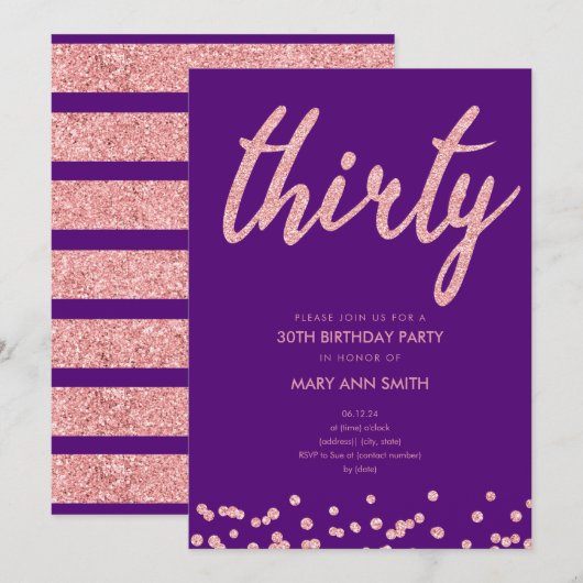 バラ金ゴールドパープルグリッター30th誕生日パーティー 招待状 (正面/裏面)