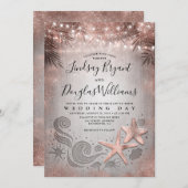 バラ金ゴールドヒトヒトカップル熱帯ビーチ結婚式 招待状 (正面/裏面)