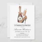 バラ金ゴールドヒール&シャンパンウィメンズ誕生日 招待状 (正面)