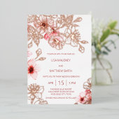 バラ金ゴールドピンクさくらんぼ結婚ブロッサム 箔招待状 (立ち正面)