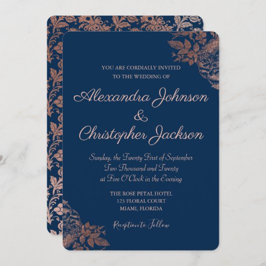 バラ金ゴールドピンクとネイビーブルーフローラ結婚バラ 招待状 (正面/裏面)
