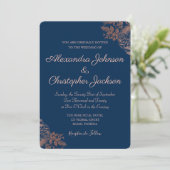 バラ金ゴールドピンクとネイビーブルーフローラ結婚バラ 招待状 (スタンド正面)