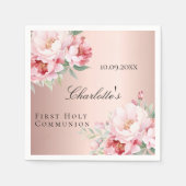 バラ金ゴールドピンクのバラ花模様ファーストコミュニオン スタンダードカクテルナプキン (正面)