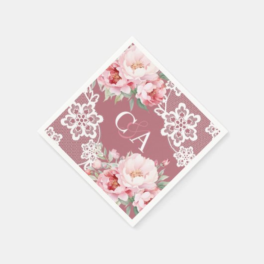 バラ金ゴールドピンクのバラ花模様モノグラム結婚ズ スタンダードカクテルナプキン (角)