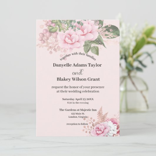 バラ金ゴールドピンクのフローラモダンフォントフォト結婚ズ 招待状 (スタンド正面)