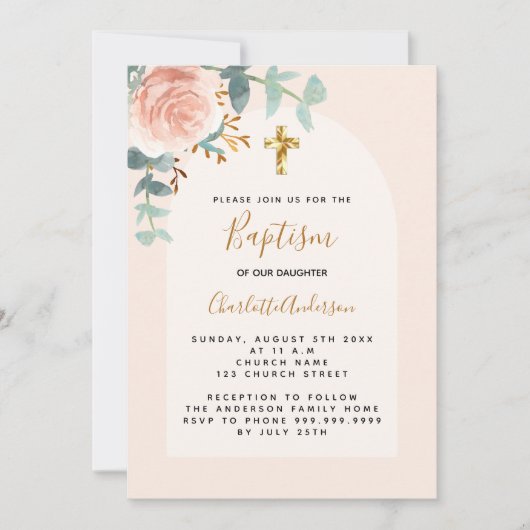 バラ金ゴールドピンクのフローラ女の子がバプテスマを渡る 招待状 (正面)