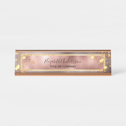 バラ金ゴールドピンクのメタリックスターのネームビジネス デスクネームプレート (正面)