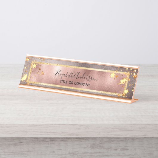 バラ金ゴールドピンクのメタリックスターのネームビジネス デスクネームプレート (正面)