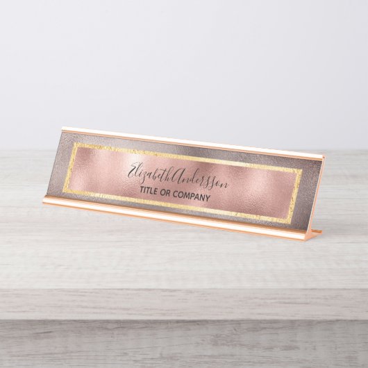 バラ金ゴールドピンクのメタリックネームタイトル事業 デスクネームプレート (正面)