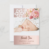 バラ金ゴールドピンクのレース女の子クロスバプテスフォト サンキューカード (正面)
