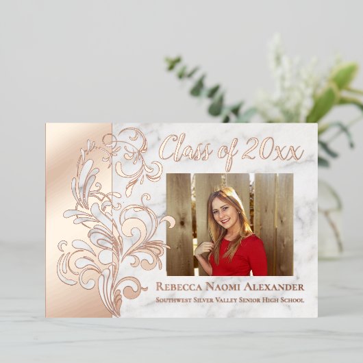 バラ金ゴールドピンクエレガントスワール写真卒業 箔招待状 (立ち正面)