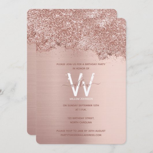 バラ金ゴールドピンクガーリーグリッター任意の年誕生日 招待状 (正面/裏面)