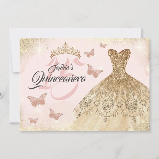 バラ金ゴールドピンクキンセアニェラバタフライドレス 招待状 (正面)