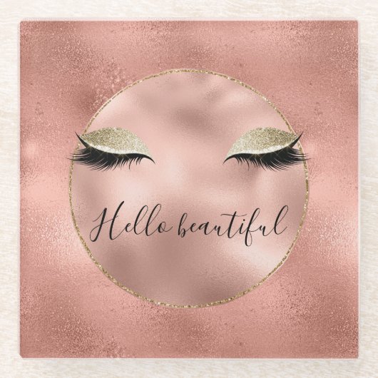 バラ金ゴールドピンクグラムグリジーブラックまつげ ガラスコースター (正面)