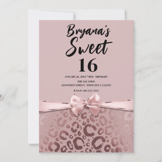 バラ金ゴールドピンクグラムヒョウ印刷スウィート16 招待状 (正面)