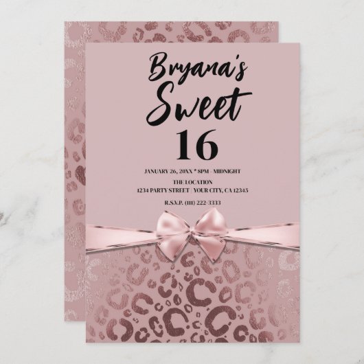 バラ金ゴールドピンクグラムヒョウ印刷スウィート16 招待状 (正面/裏面)