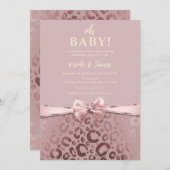 バラ金ゴールドピンクグラムヒョウ柄ベビーシャワー 招待状 (正面/裏面)