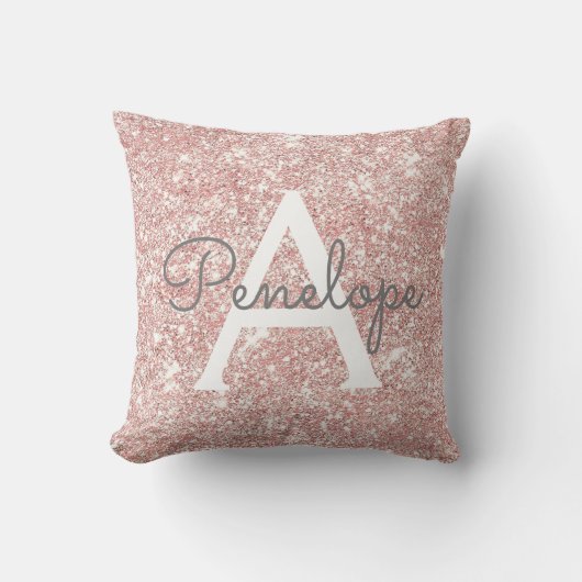 バラ金ゴールドピンクグリッターとスパークルモノグラム クッション (正面)