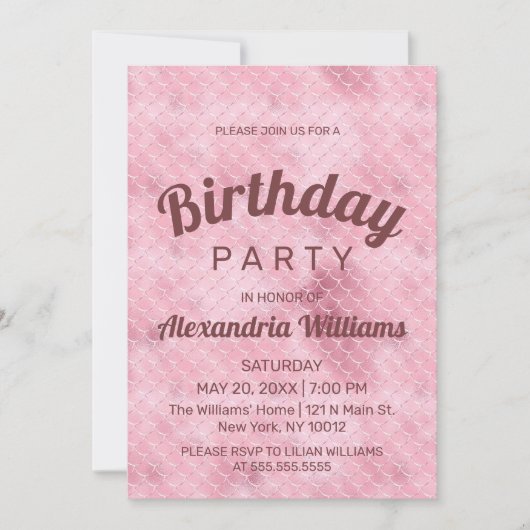 バラ金ゴールドピンクグリッターグラデーションマーメイド誕生日 招待状 (正面)