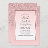バラ金ゴールドピンクグリッターシャインスウィート16パーティー 招待状 (正面/裏面)