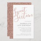 バラ金ゴールドピンクグリッターストライプミニマリストスウィート16 招待状 (正面/裏面)
