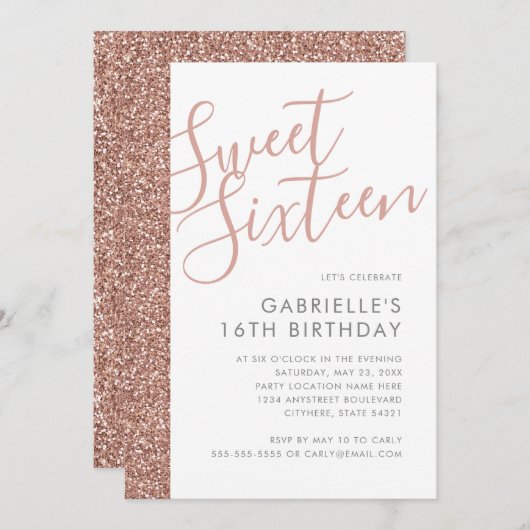 バラ金ゴールドピンクグリッターストライプミニマリストスウィート16 招待状 (正面/裏面)