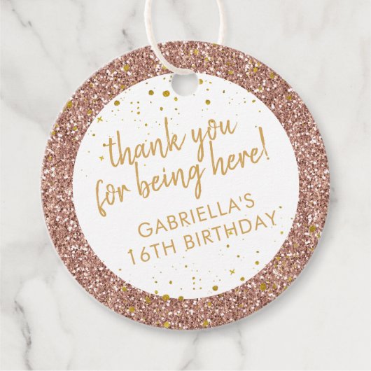 バラ金ゴールドピンクグリッタースパークルサンキュー誕生日 フェイバータグ (正面)