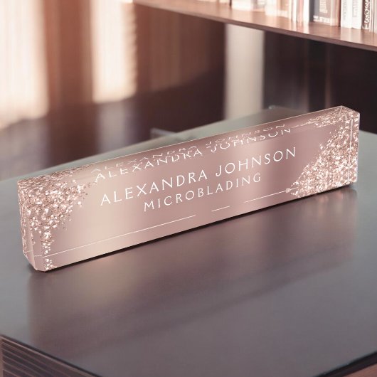 バラ金ゴールドピンクグリッタースパークルマイクロブレイディングブロウ デスクネームプレート