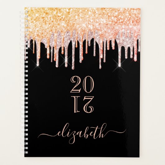 バラ金ゴールドピンクグリッタードリップブラックネーム2024 プランナー手帳 (正面)