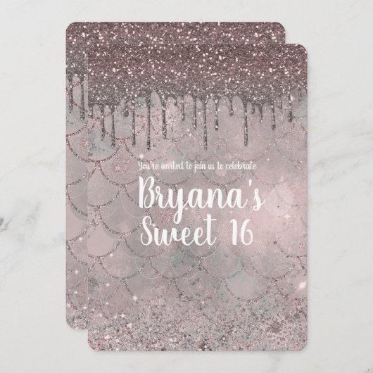 バラ金ゴールドピンクグリッタードリップマーメイドスウィート16パーティー 招待状 (正面/裏面)