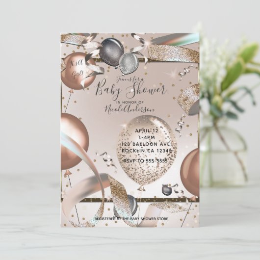 バラ金ゴールドピンクグリッターバルーン赤ちゃんシャワー写真 招待状 (スタンド正面)