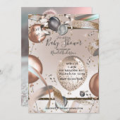 バラ金ゴールドピンクグリッターバルーン赤ちゃんシャワー写真 招待状 (正面/裏面)