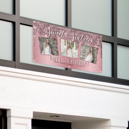 バラ金ゴールドピンクグリッターフォトコラージュ16誕生日 横断幕 (ビルの外側)