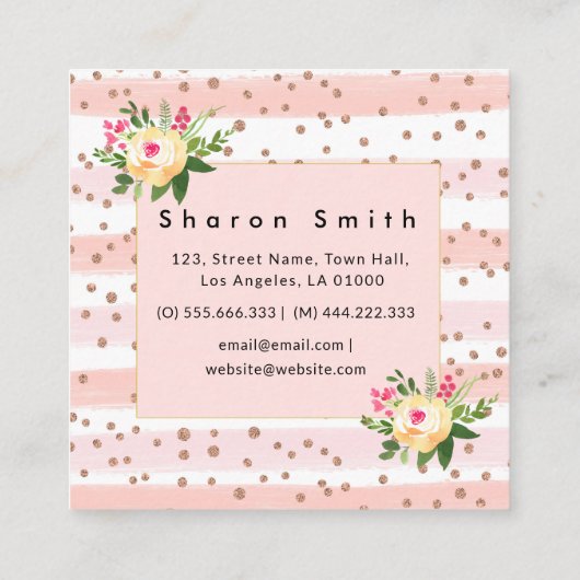 バラ金ゴールドピンクグリッターフラワーシックフローラ スクエア名刺 (裏面)