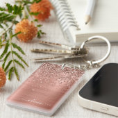 バラ金ゴールドピンクグリッターブラッシュドメタルモノグラム キーホルダー (正面右)