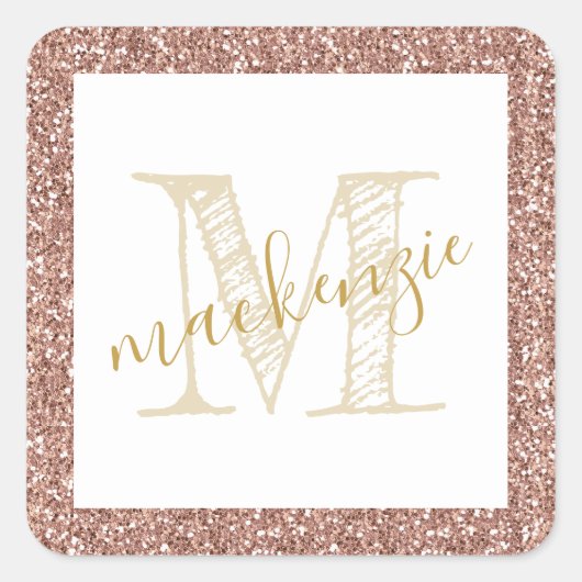 バラ金ゴールドピンクグリッター名ラベルステッカー スクエアシール (正面)