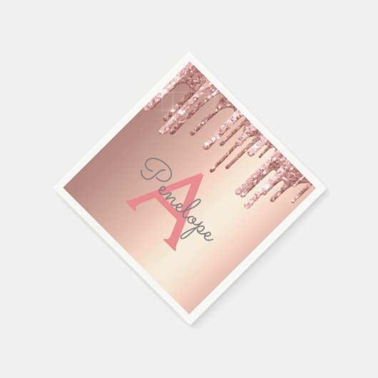 バラ金ゴールドピンクグリッター滴下グラムとモノグラム スタンダードカクテルナプキン (角)