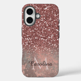 バラ金ゴールドピンクグリッター、グレー大理石パーソナライズされた、 iPhone 16ケース